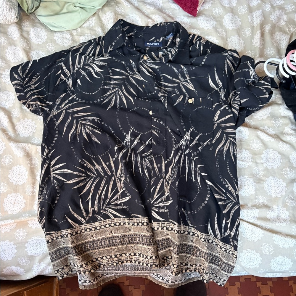 Puritan Black and White Leaf Print Shirt